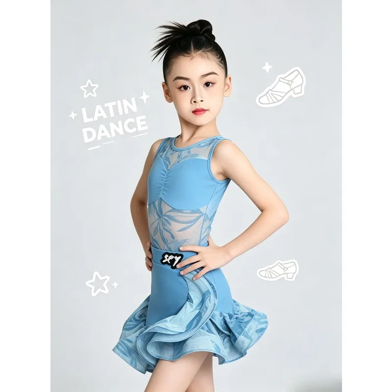 Girls Blue Latin Dance Costume 2026 Summer Kids Split Ballroom Dance Dress Professional Practice Stage Performance Dancewear Set - view 4