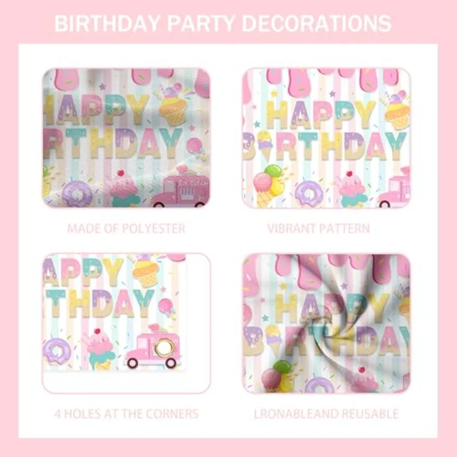 Décorations de fête d'anniversaire sur le thème de la crème glacée pour filles, Kit en arc de guirlande de ballons avec toile de fond joyeux anniversaire, fourniture complète de fête