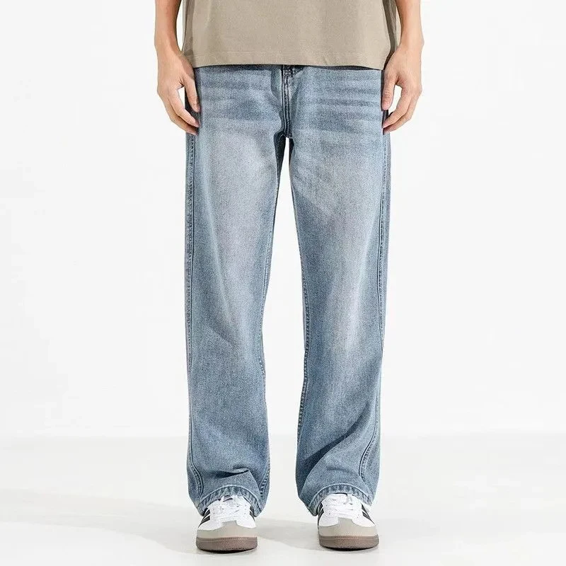

Новые мужские джинсы Y2K светло-голубые, свободного кроя, винтажные, повседневные, широкие, из денима, в американском стиле, универсальные, прямые брюки