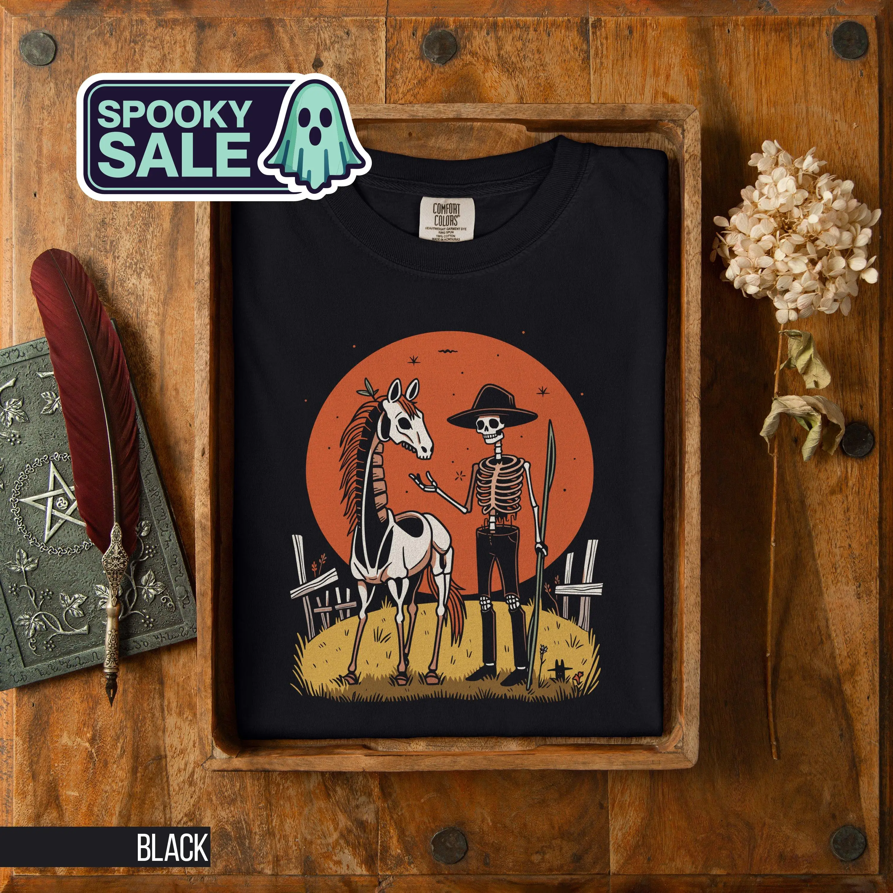 Halloween Skeleton Horse T Shirt Spooky Farmer Creepy Western Themed Apparel Apocalyptic Novelty Art