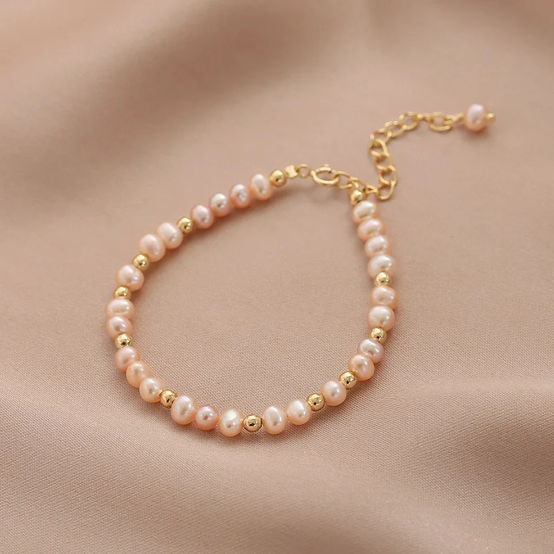 

Womens Genuine Natural Freshwater Pink Pearl Mini Beads Bracelet 14K Gold Minimalist Style Niche Design Daily Jewelry Gift