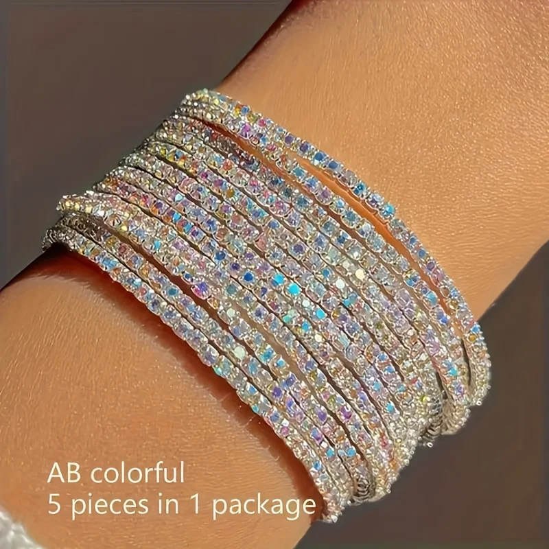 5-piece Bohemian Luxe Style Stackable Bracelets - Colorful Rhinestone Inlay - Alloy Jewelry for Women - Sexy Party Accessory