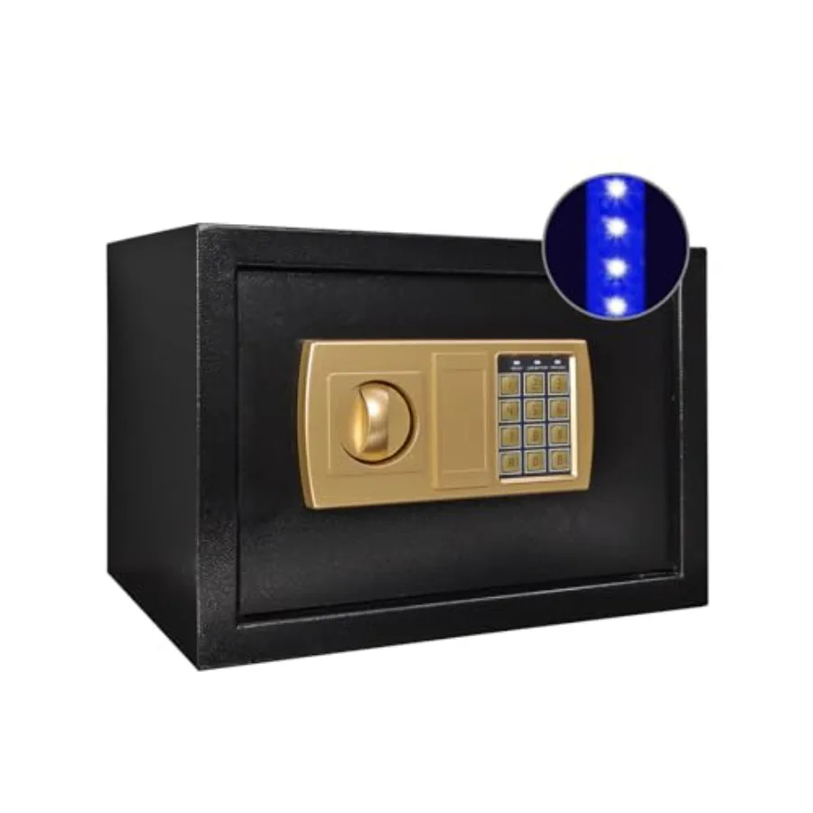 

Electronic digital keypad safe for home office use, black steel construction with fireproof money bag, black color, LED indicat