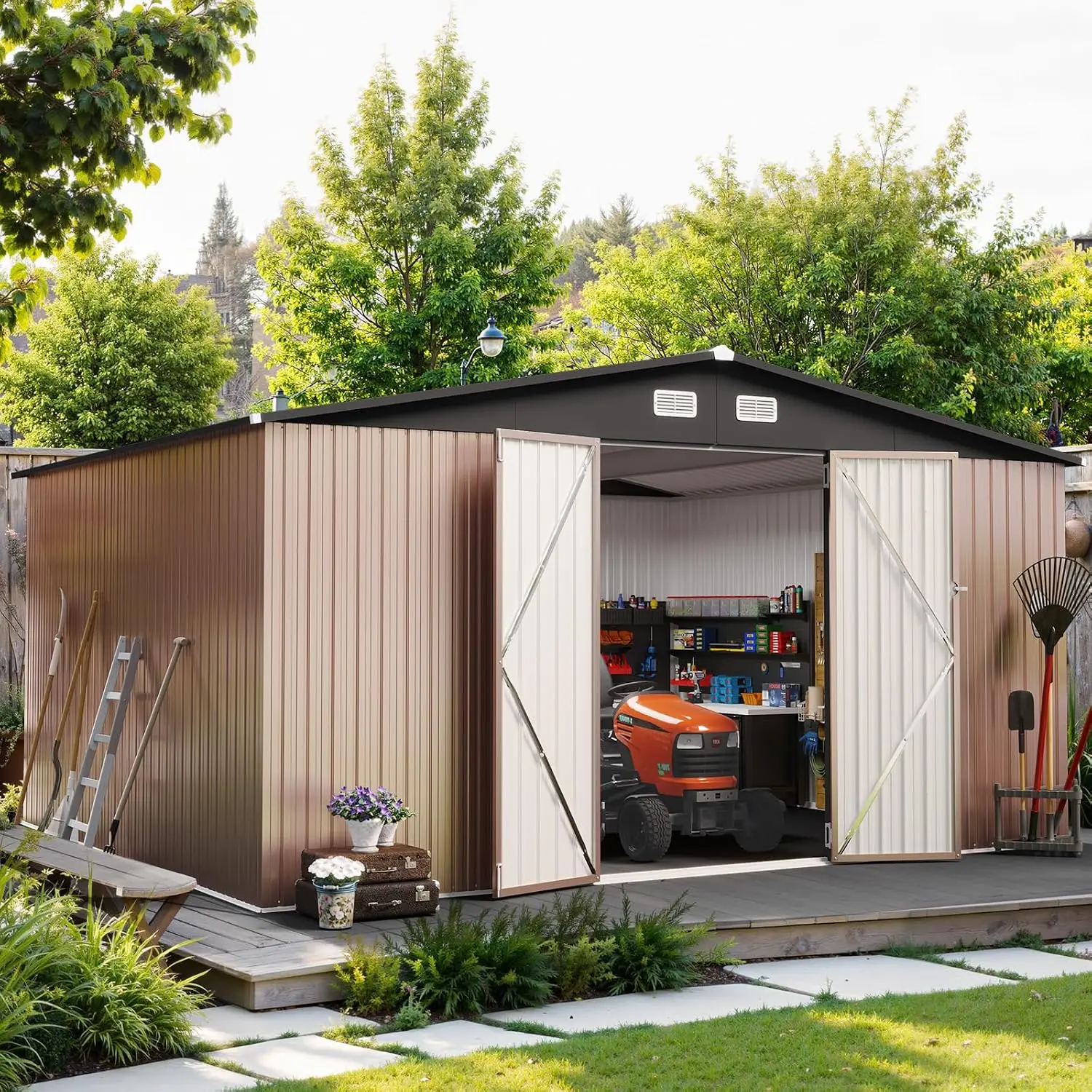 12x14FT Outdoor Metal Storage Shed with Sloping Roof & Lockable Door for Patio Lawn Backyard, Customized