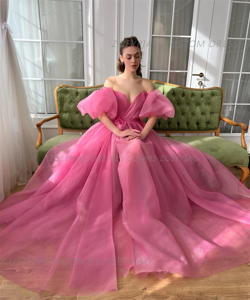 Roze Organza A Line Prom Jurken Korte Mouwen Vrouwen Off Shoulder Liefje Avondjurken Met Strik Gelegenheid Formele Feestjurk