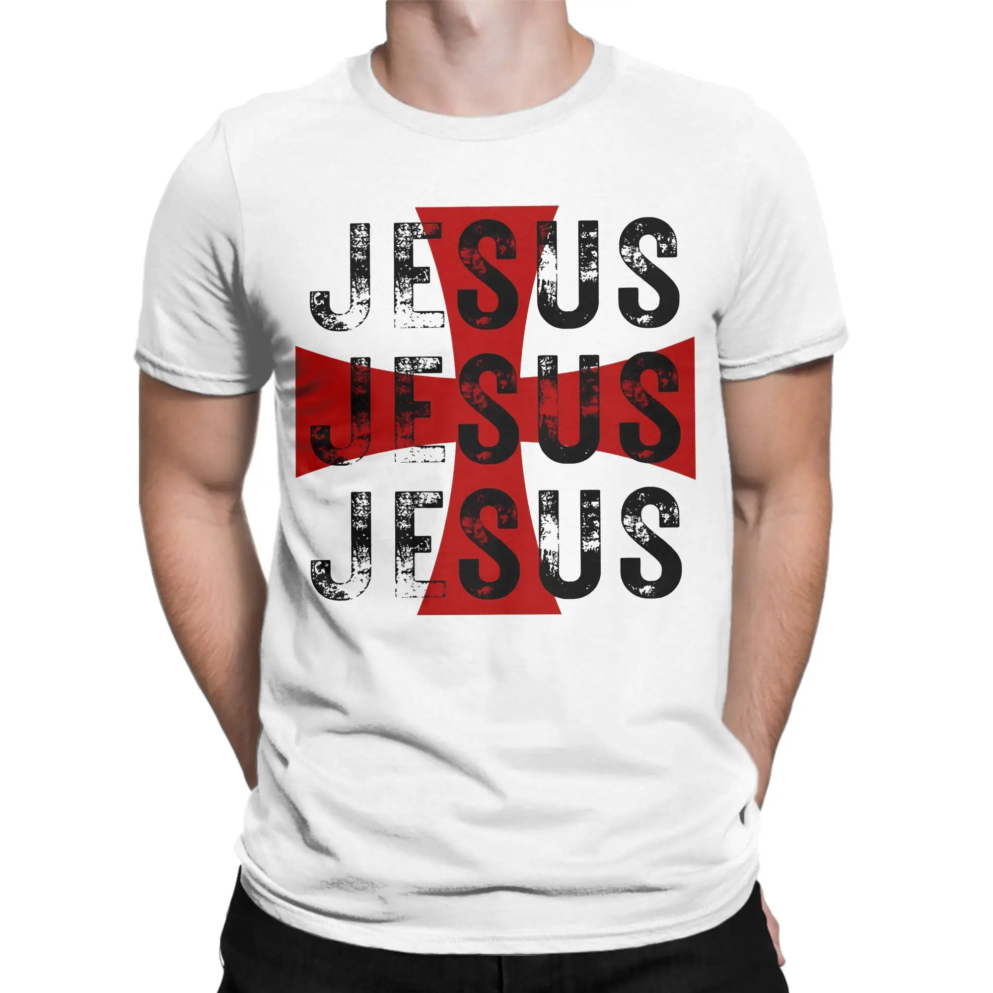 Vintage JESUS Christian Cross Faith Jerusalem Cross  T Shirt Men's O-neck Short Sleeve Tops Shirts  Cotton Summer Top Tee