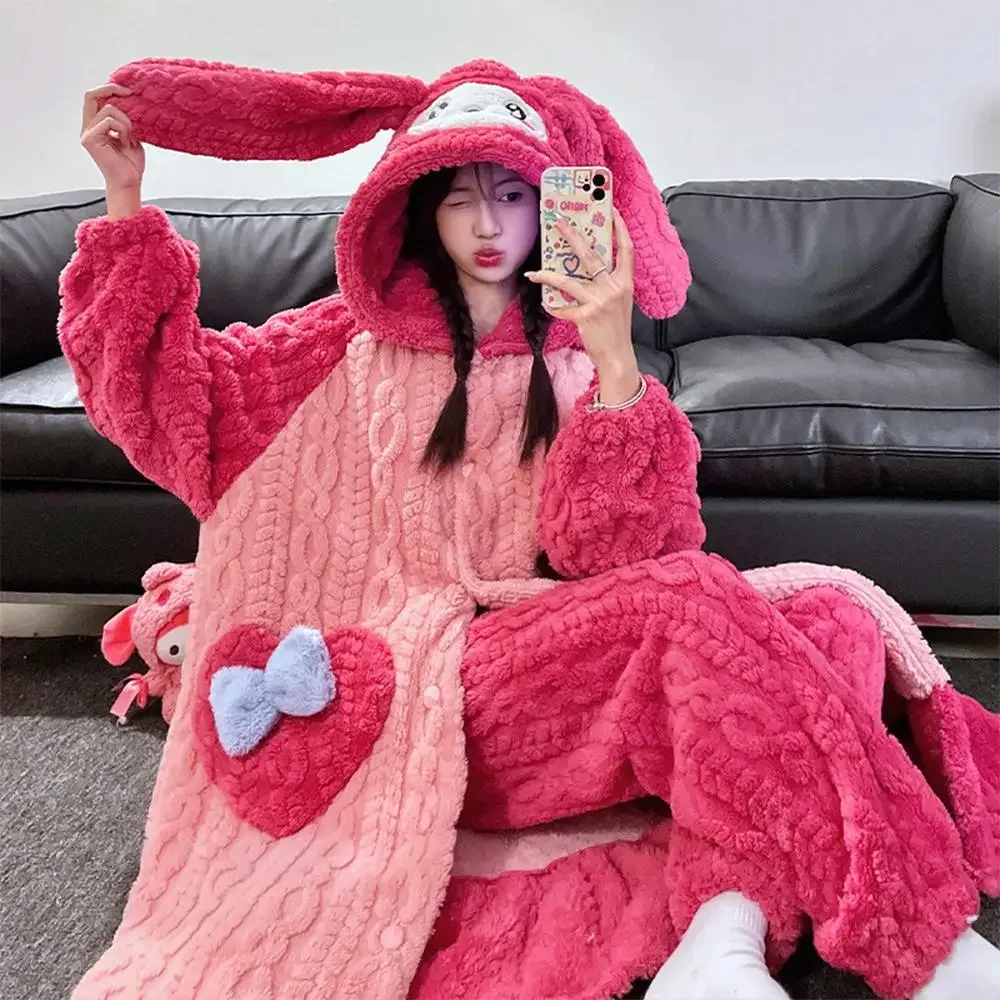 Kawaii Sanrios 2Pcs Pompompurin Winter Women\'s Thicken Plush Pajama Set Hello Kitty My Melody Winter Nightgown Home Clothes Girl