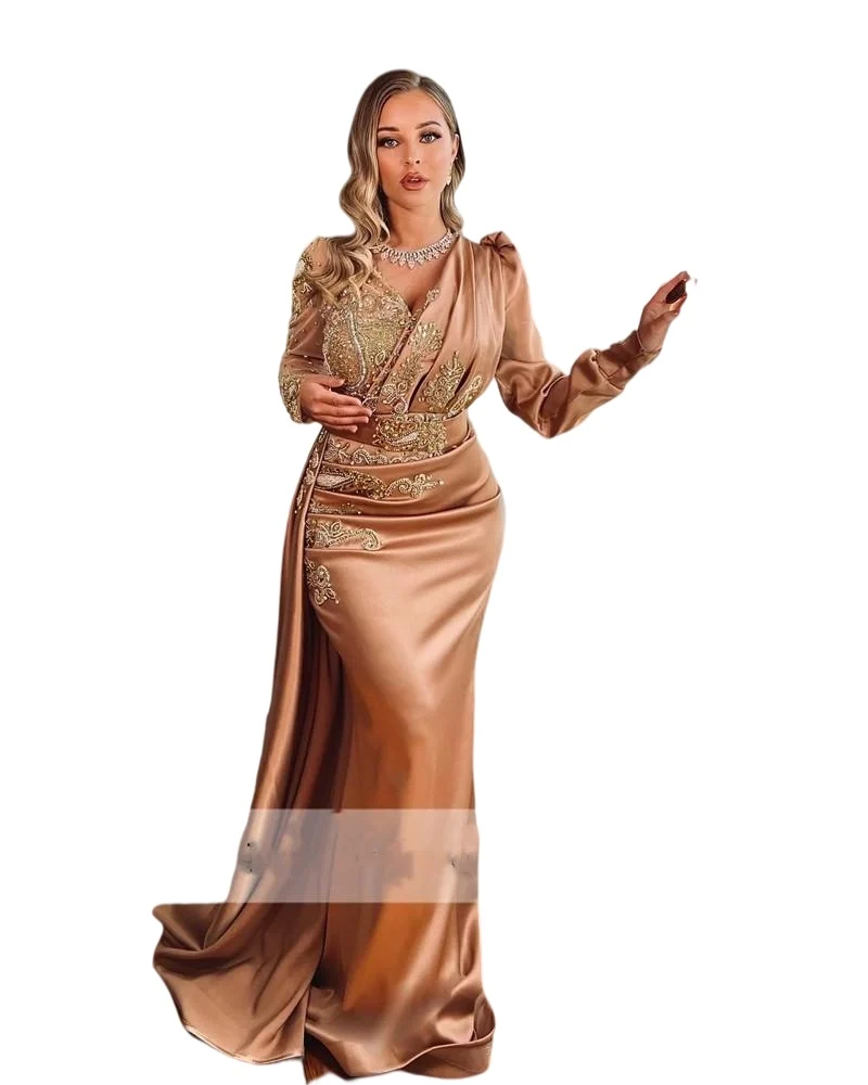 Robe de Soirée de Forme Sirène pour Femme, Tenue Champagne, à Manches sulf, Style Citroperle, Musulman, Arabe, Grande Taille, Bal de Promo, Quelle que soit la Collection 123