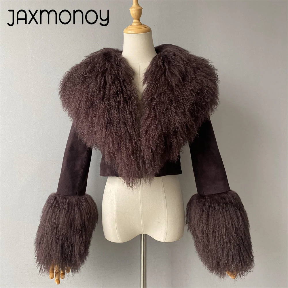 Jaxmonoy Giacca da donna in vera pelle scamosciata con collo e polsini in pelliccia di pecora mongola Cappotto da donna autunno inverno caldo di lusso 2024