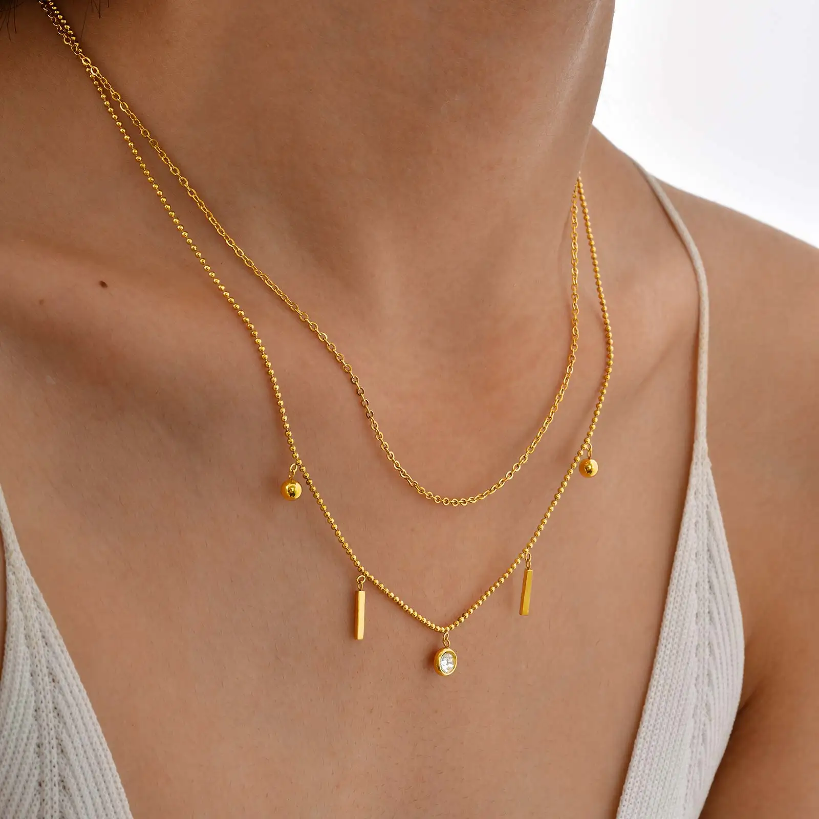 Women Layered Necklace, Cubiz Zirconia Pendant, Stackable Beaded Link Choker Chain, Stainless Steel Jewelry - Detail 1