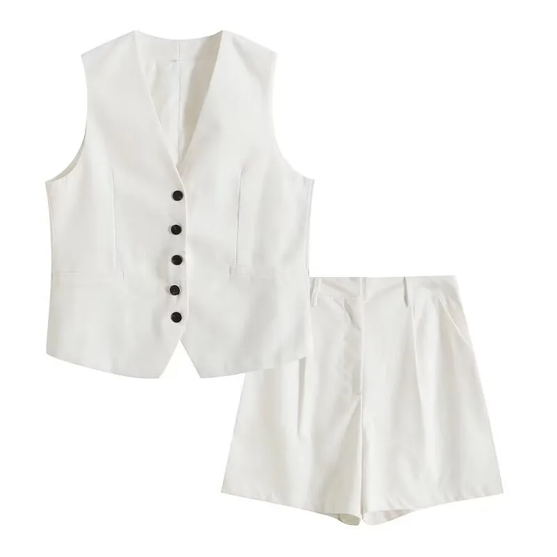 Moda feminina vinatge moda shorts conjunto sólido branco sem mangas colete + bolsos calças femininas duas peças conjunto rua roupa de mujer
