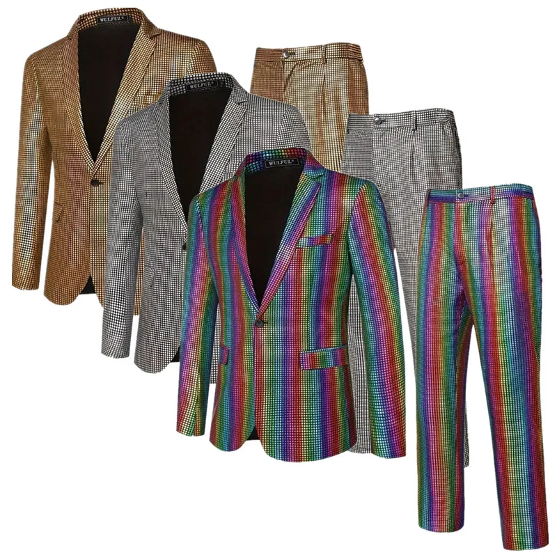 

Golden yellow Men Suit 2-Piece, Fashion Singer Stage Performance Small Stretch Plaid Blazer Jacket and Pants.