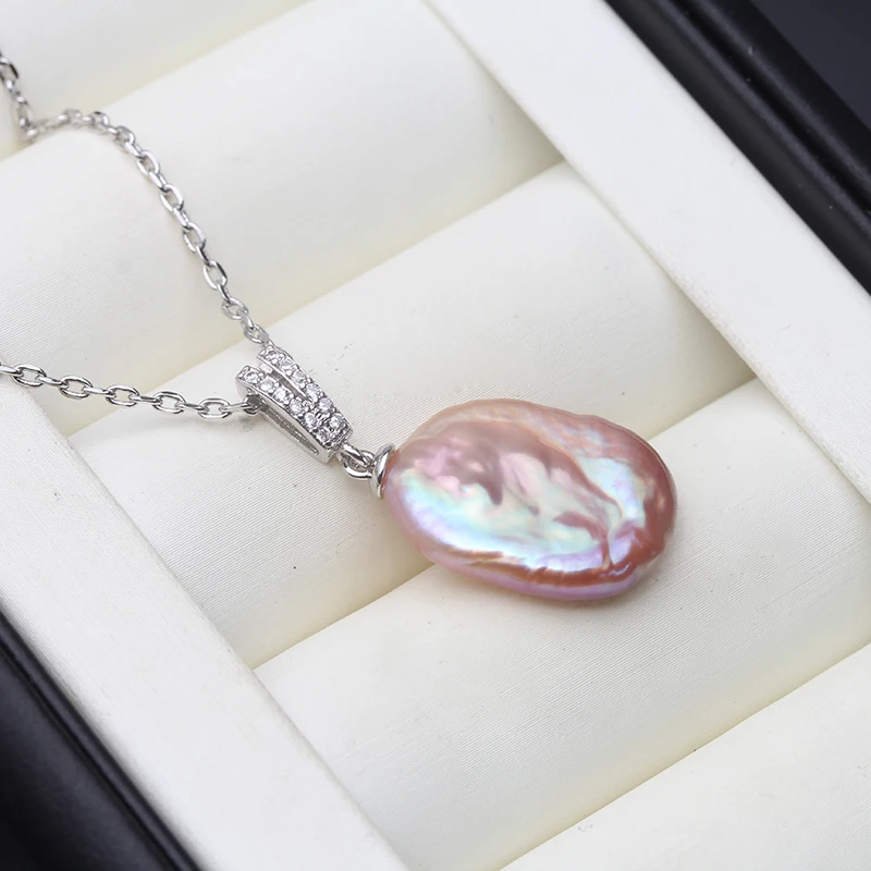 

Real Natural Baroque Flat Pearl Pendant 925 Silver Woman,Wedding Freshwater Pendant With Pearls Wife Daughter Birthday Gift