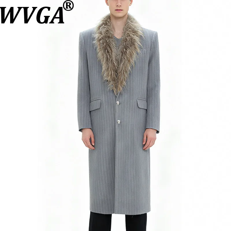 

WVGA Winter New Man Tide Striped Fur Turn-Down Collar Shoulder Padded Woolen Coats Niche Chic Casual Long Jackets Ins Y2K W14404