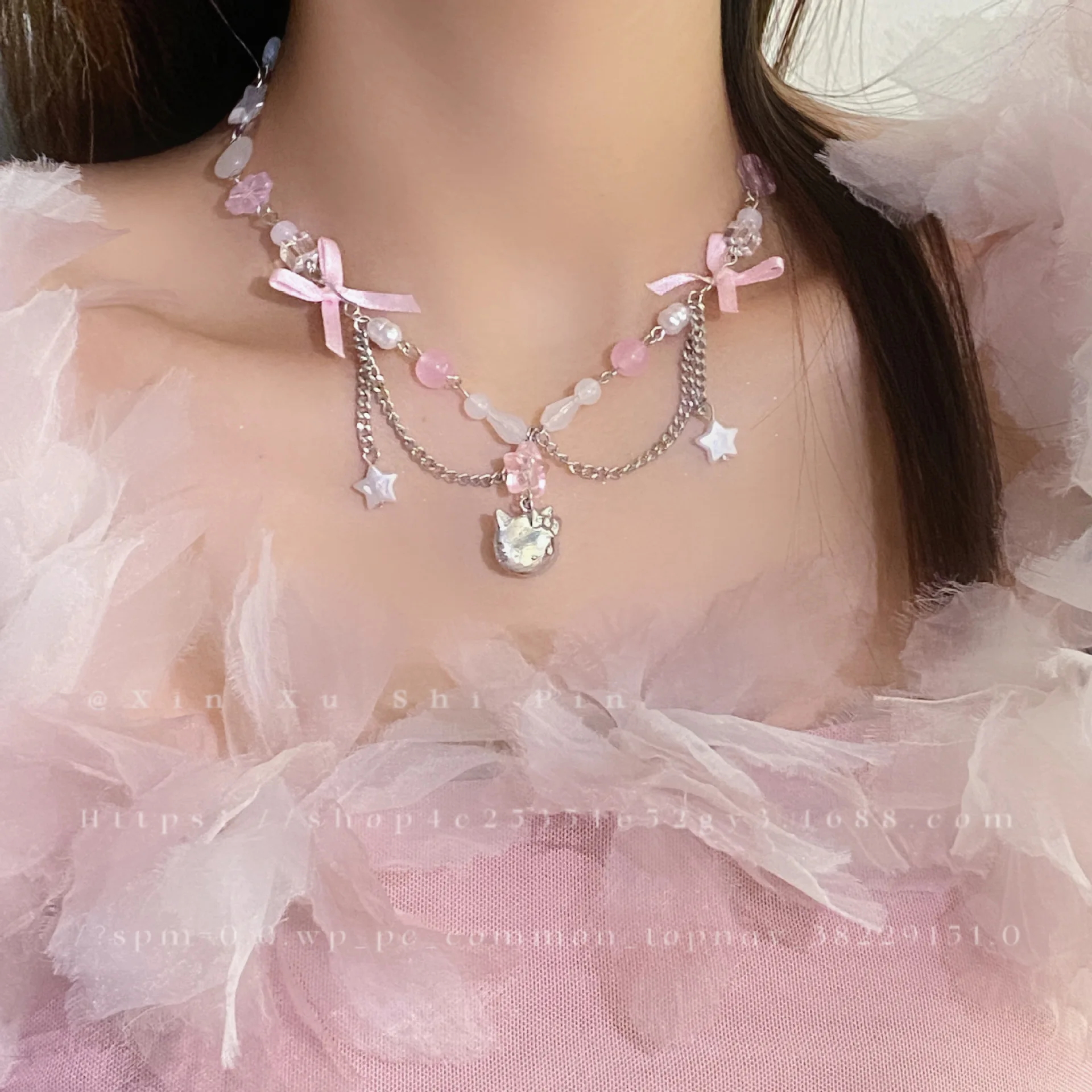 Sanrio Hello Kitty Necklace Anime Cute Kawaii Bow Beaded Star Accessories Necklace Women Elegant Clavicle Chain Jewelry Gift