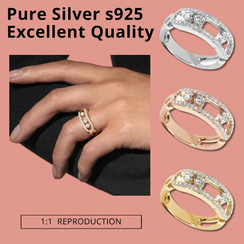 Original Fashion Three Moving Diamond Ring Sterling Silver 925 Ring Luxury Brand Trend woman Jewelry Accessories for Women