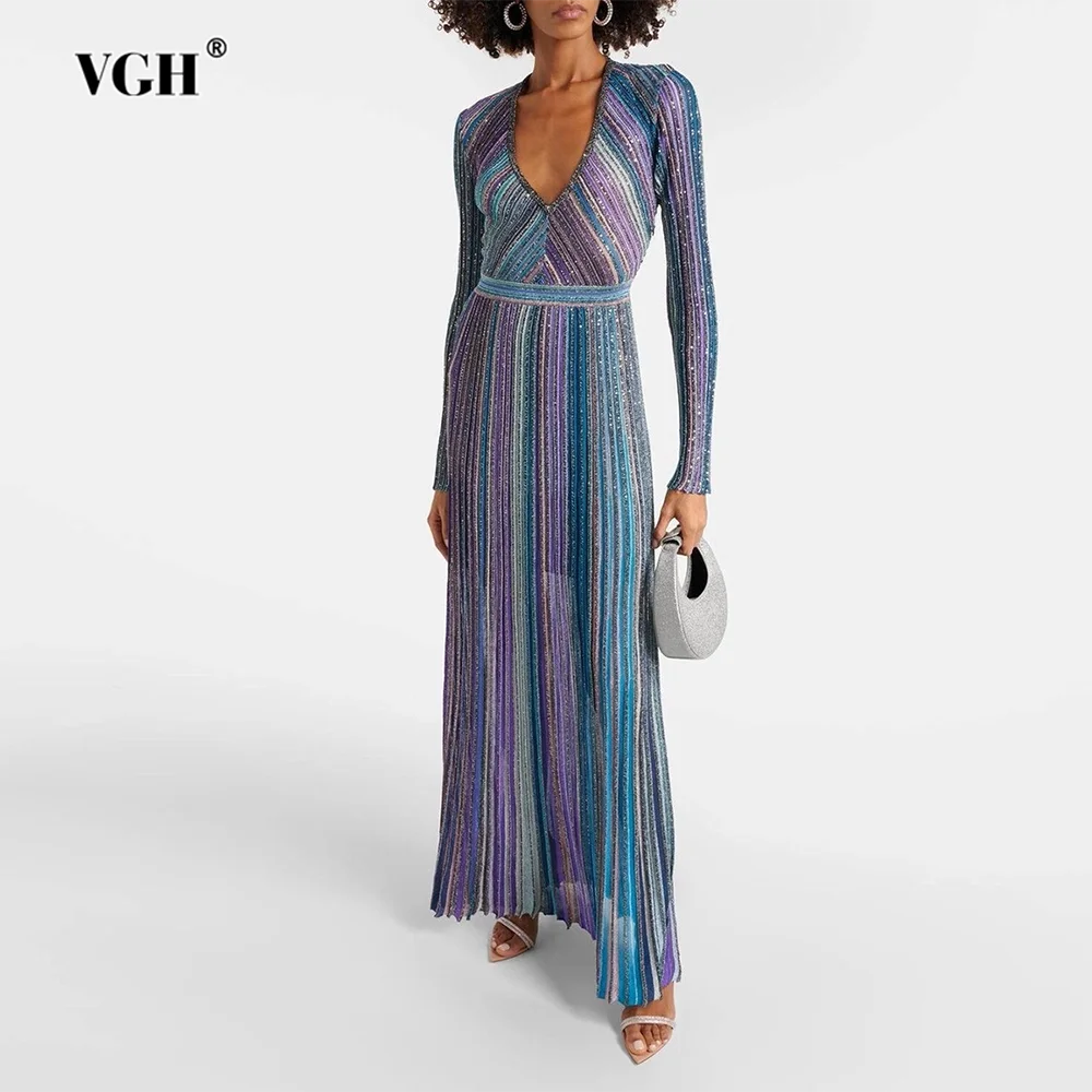 

VGH Hit Color Slimming Design Sense Трикотажные платья для женщин с v-образным вырезом и длинным рукавом с высокой талией Элегантное платье Женский модный стиль