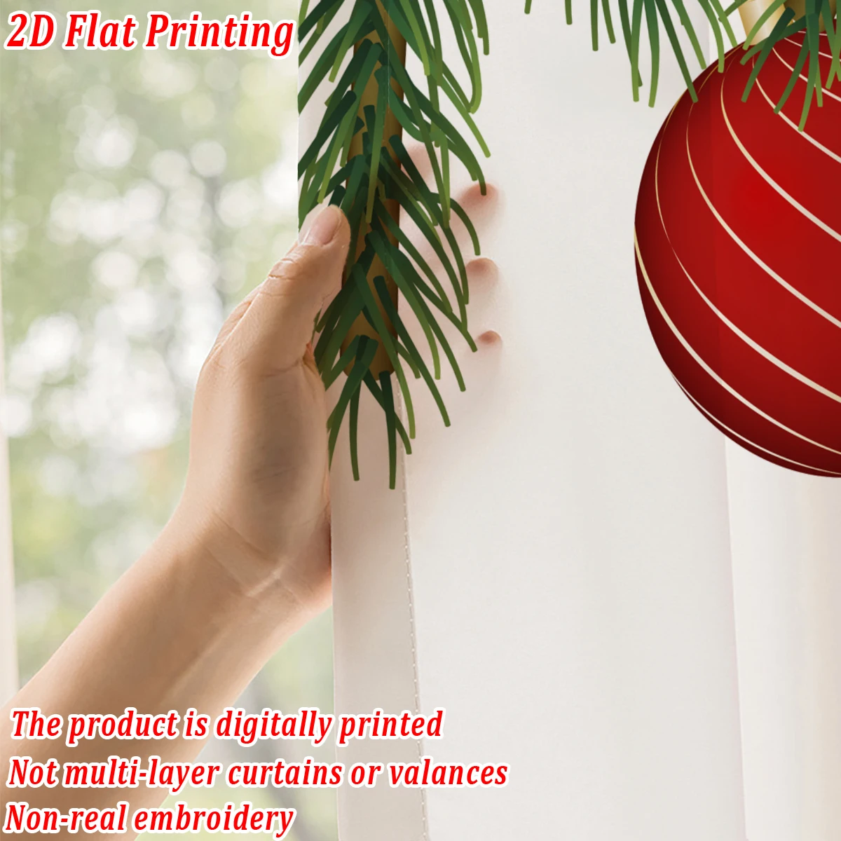 Christmas Flat Printing Sheer Curtain with Christmas Ball Mistletoe Pine Branches for Living Room Bedroom Decor Holiday Party