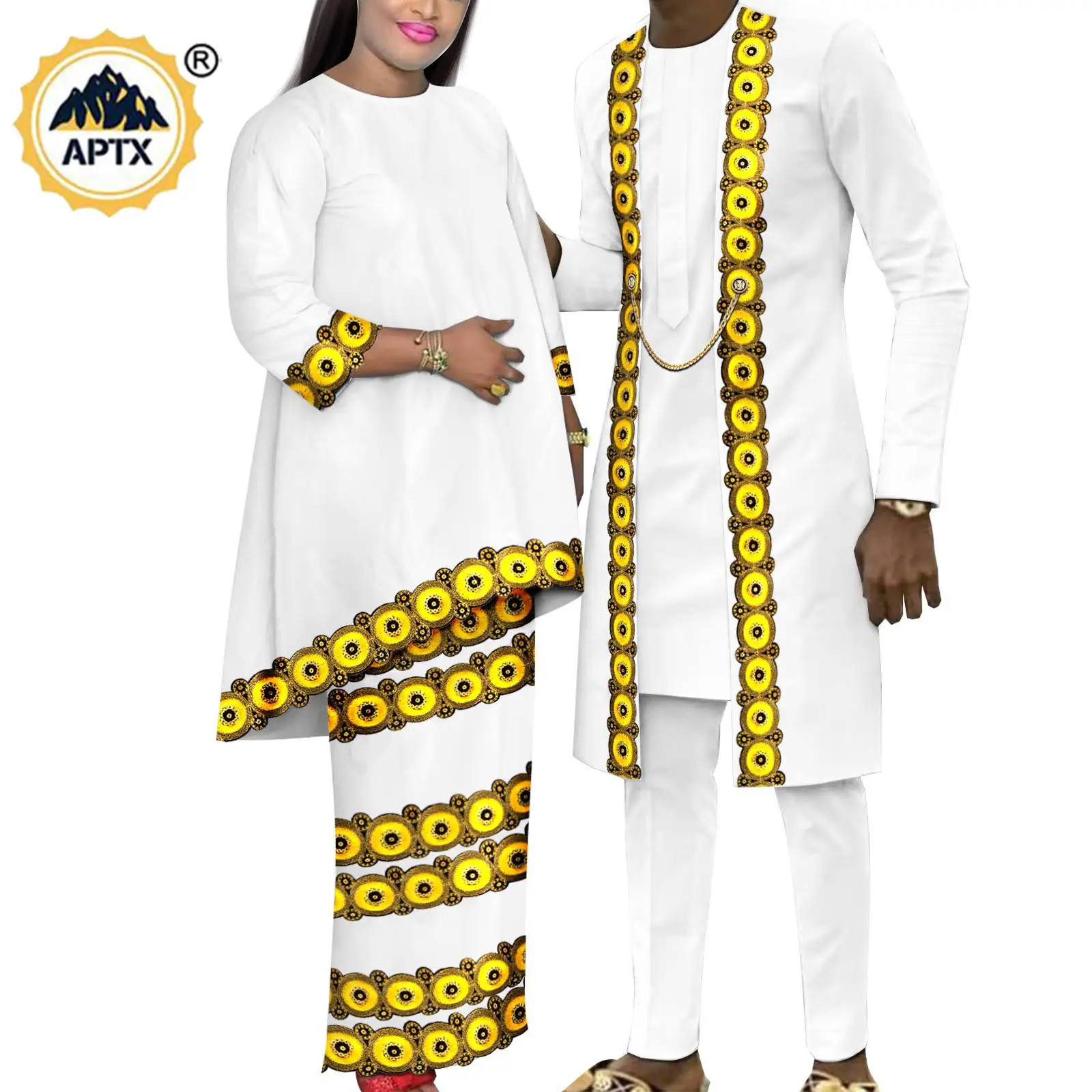 

African Matching Outfit for Couples Dashiki Women Appliques Top and Skirt Sets Bazin Riche Men Suits Wedding Outfits Y23C113