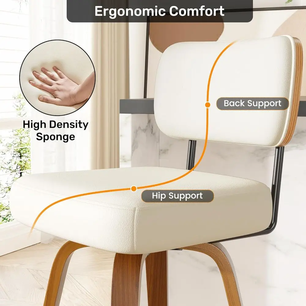 Swivel Bar Stools Set of 2, 26 Upholstered in Cream White Counter Height Barstools with Walnut Back & Bentwood Legs, Modern Bar - view 6