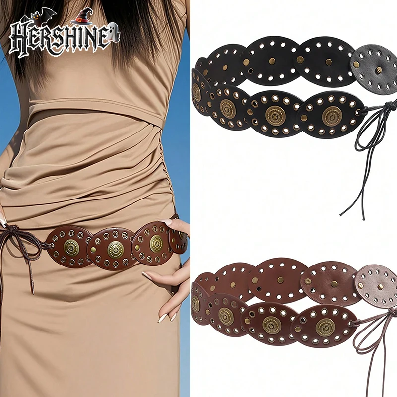 HERSHINE 1-piece women's vintage oval leather patchwork belt, a bohemian and Western-style elegant accessory，spring，summer
