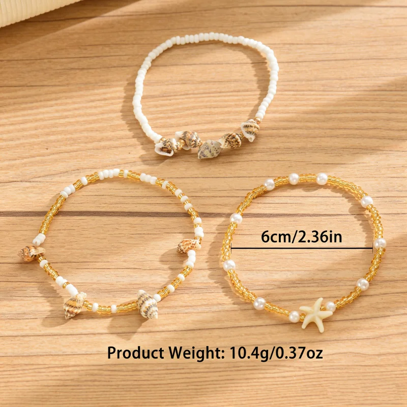 Cute Sea Star Bohemian  Rice Beads  For Women 3pcs/Set Rice Beads Foot Chain Ankle Bracelet Beach Jewelry Summer Accessories