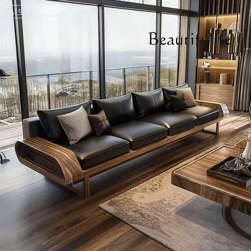 

New solid wood sofa living room modern simple light luxury leather sofa living room home three-person sofa