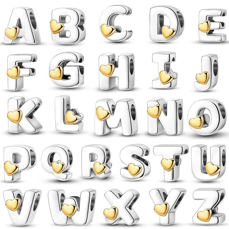 925er Sterlingsilber, 26 Hauptstadt, englische Buchstaben, goldene herzförmige Charms, Perlen, passend für DIY-Silberarmbänder, Geburtstagsschmuck, Geschenke