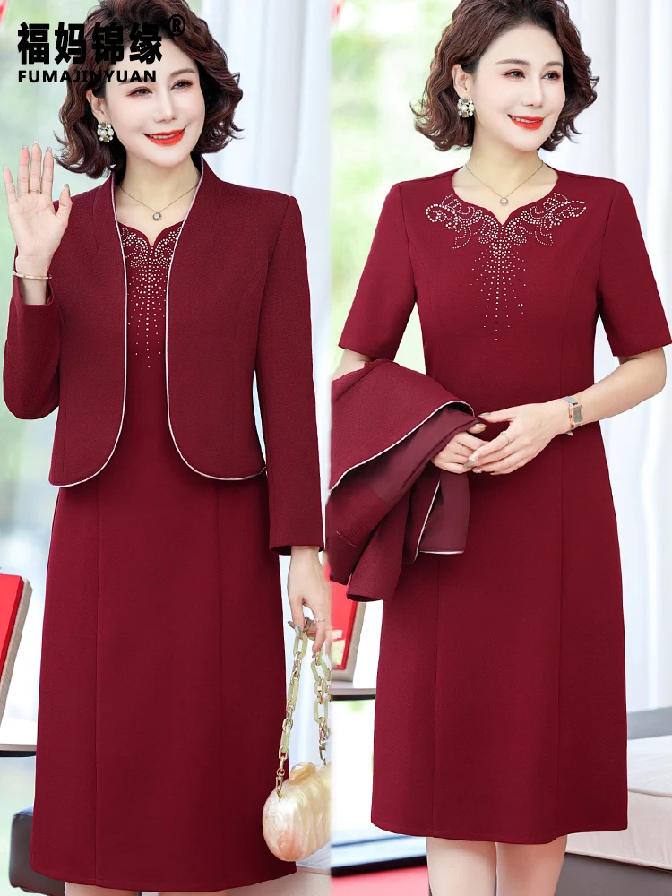 red-wedding-dr-two-piece-set-ele-materni-women's-faionable-floral-print-high-end-wedding-ceremony-mommy-dr