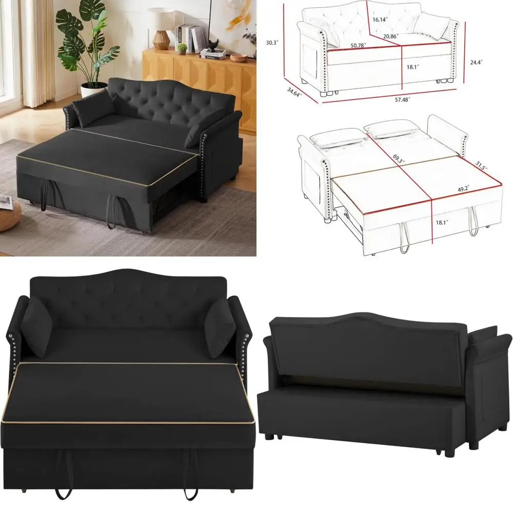 أريكة سرير قابلة للتحويل مقاس 57 بوصة مع مسند ظهر قابل للتعديل، وصالة تشيس، ووسادتين وجيوب تخزين جانبية - أنيقة ووظيفة