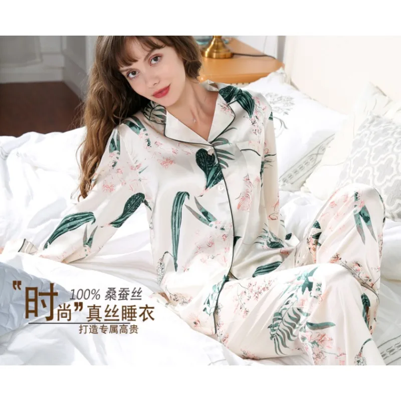 Premium Women's Long Sleeve Long Pants Silk Pajamas Set Autumn 100% Mulberry Silk Loungewear Soft Comfortable Home Outdoor wear