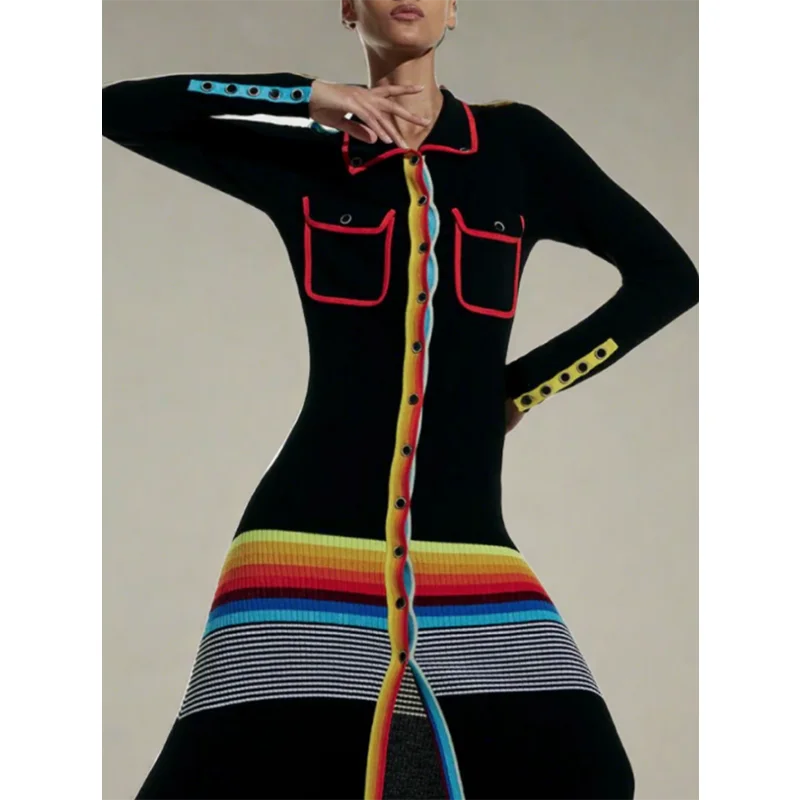 Jennifer-vestidos de falda de punto para mujer, vestidos largos con solapa a rayas, ajustados, de manga larga, a la moda, 2024