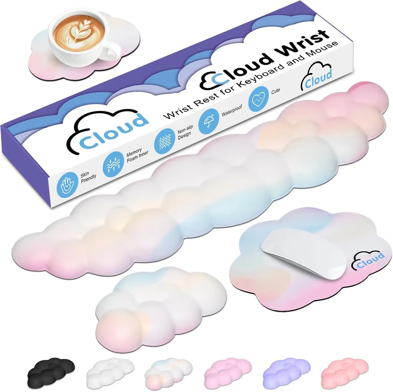 

Cloud Wrist Rest Keyboard Palm Support with Non-Slip Base for Gaming & Typing, Ergonomic Memory Foam Wrist Pad Rainbow