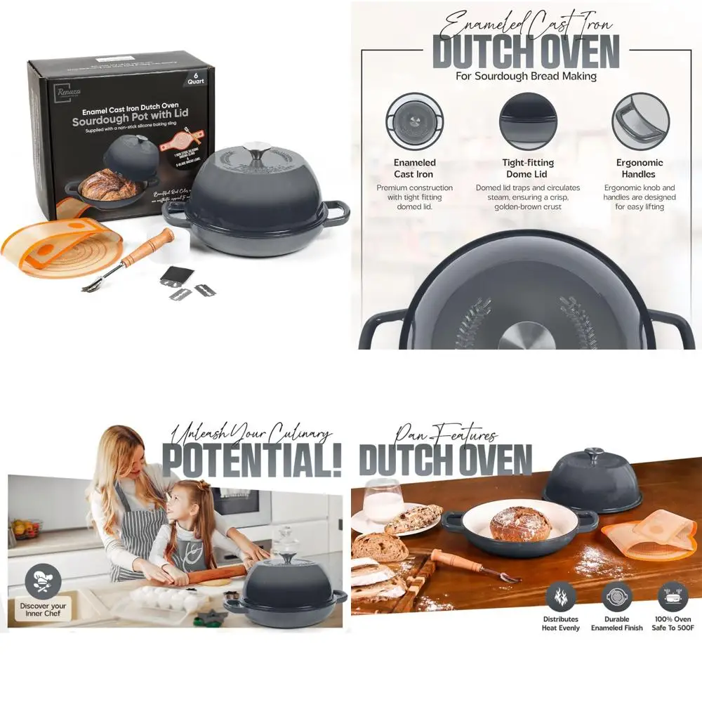 

Эмалированный чугунный голландский горшок для духовки с крышкой — идеально подходит для выпечки хлеба на закваске, включает в себя 5-лезвие с гранем и антипригарным силиконом Sp