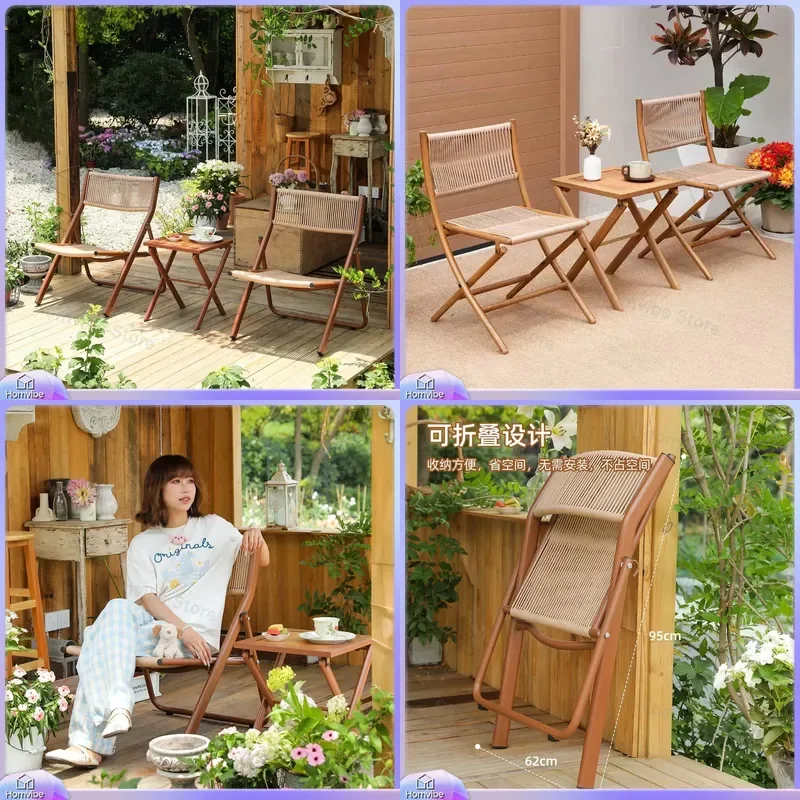 Outdoor Folding Table and Chair Set Rattan Patio Furniture Balcony Garden Courtyard Leisure Dining Tea Reading Small Combo