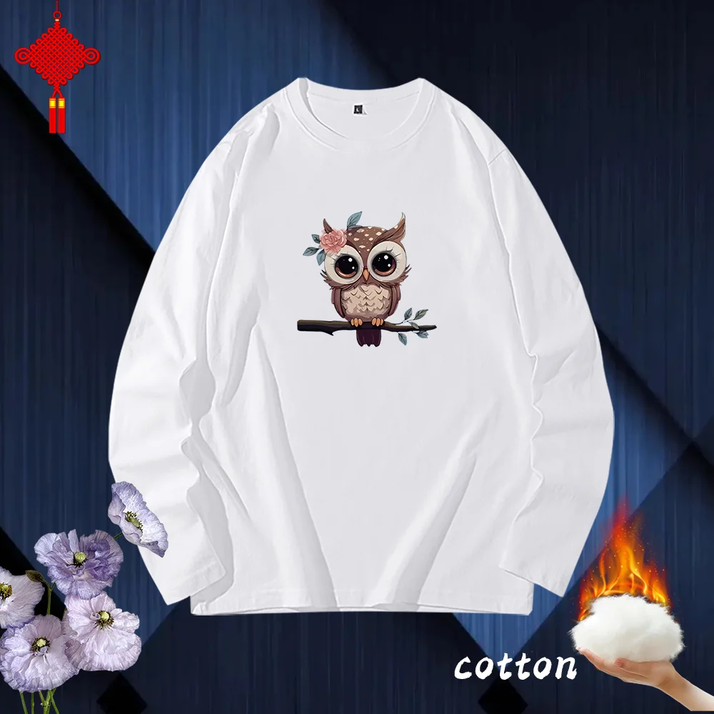 

Comfortable Cartoon cute flower brown owl print graphic long sleeve T-shirt Retro unisex casual women's long sleeve Clothing