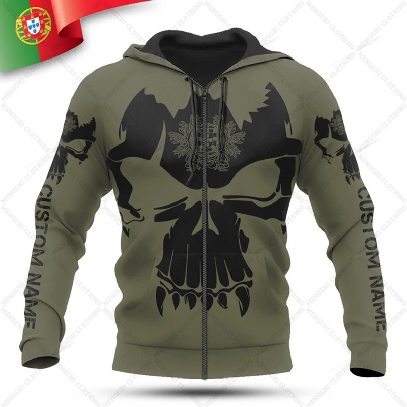 Customize Portugal Emblem Skull Pattern Zipper Hoodies Loose Unisex Oversize Sweatshirts Winter Casual Streetwear Tops Pullover