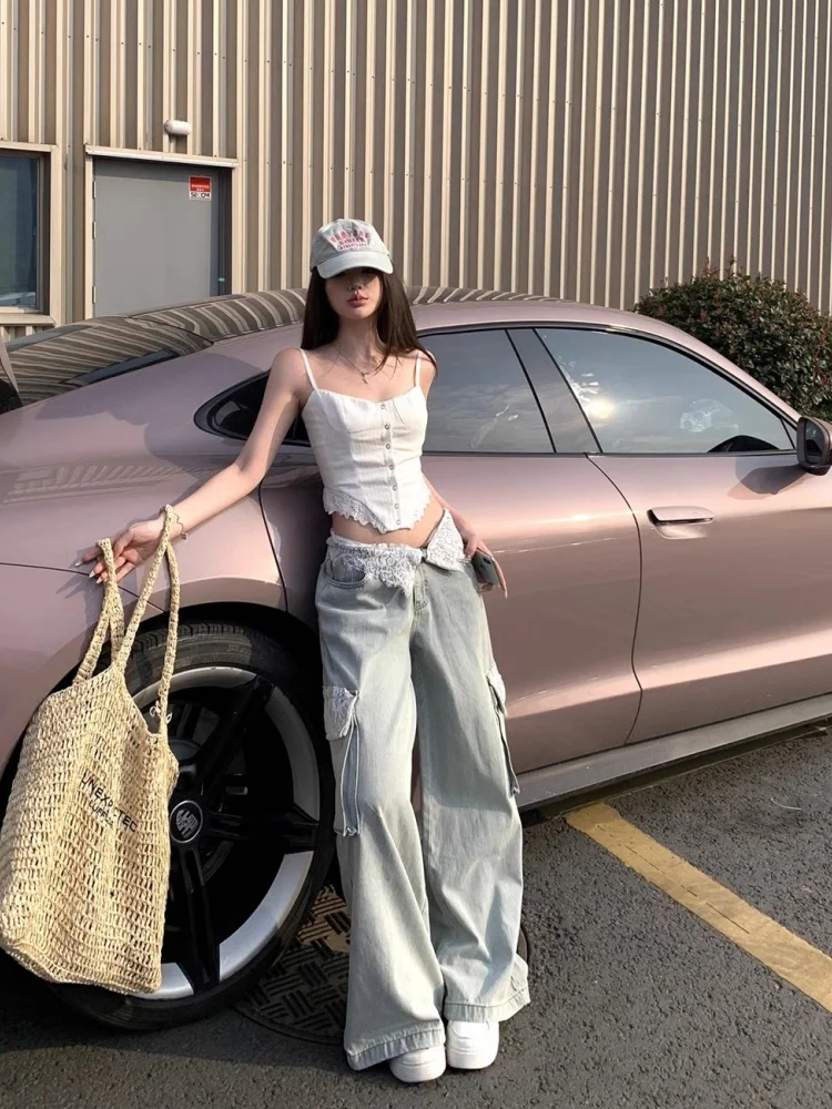 بنطلون جينز نسائي واسع الساق بتصميم فضفاض مع تطريز دانتيل، موضة خريف 2025 الجديدة #1