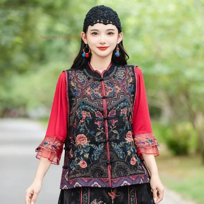 

2025 национальная цветочная вышивка воротник-стойка народный жилет ретро атласный жаккардовый жилет традиционные этнические топы ханьфу куртка без рукавов