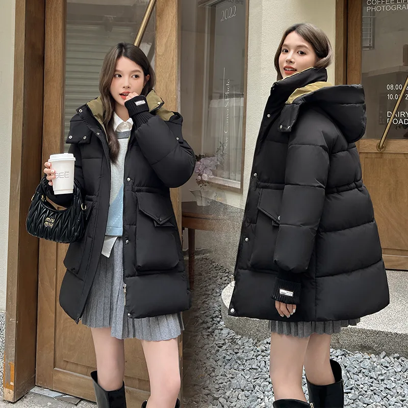Women Parkas Mid Length Coats Hooded Zipper Jackets Tight Waist Slim Fit Thick Warm Y2k Streetwear Elegant Autumn Winter