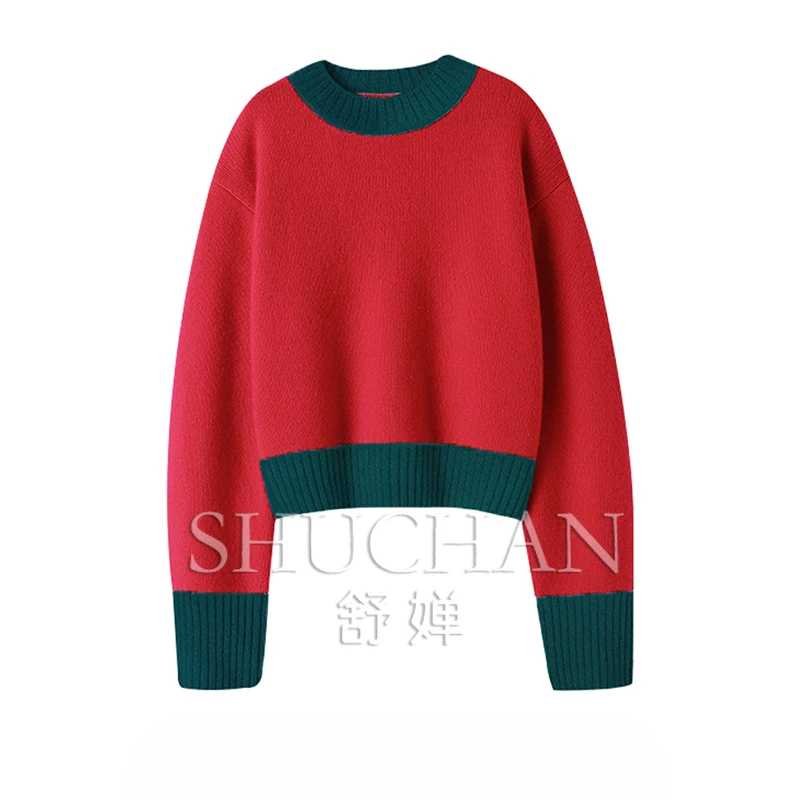 

Fashion Contrasting Color 100% Pure Cashmere Sweater Women's Autumn and Winter Thickened Loose Pullove