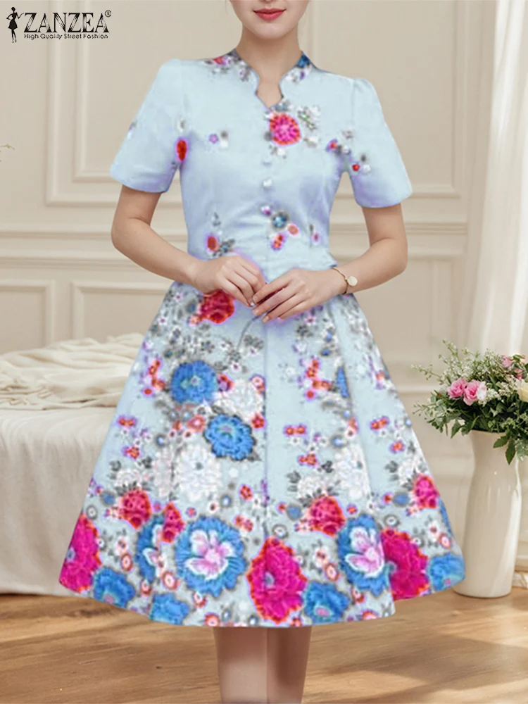 ZANZEA 中国風花柄プリントドレス女性の夏のサンドレスオフィスレディース半袖ローブ 2025 ヴィンテージカジュアル Vestidos