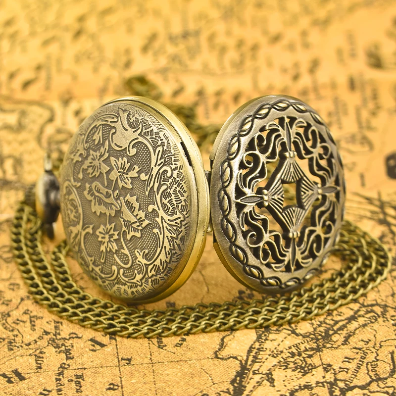 خمر البرونزية صدفي انقطاع الإبداعية منحوتة قلادة كوارتز ساعة الجيب أزياء الذكور والإناث الطلاب العالمي