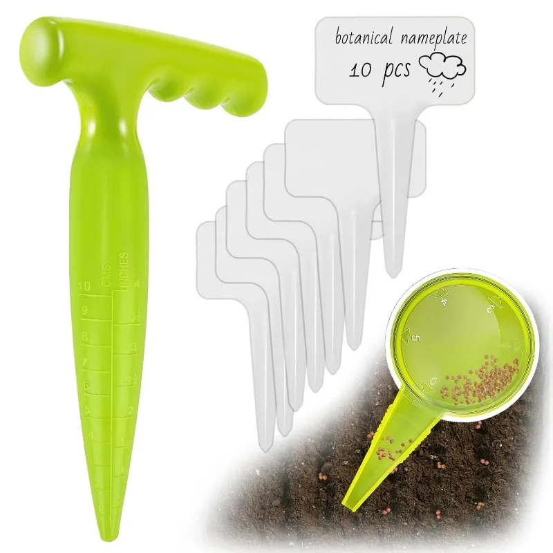 Jardinería de bulbos para plantas, herramientas y medición de bulbos para plantas, 1 jardinero +10 etiquetas, herramientas ideales para plantar flores, cebollas y semillas
