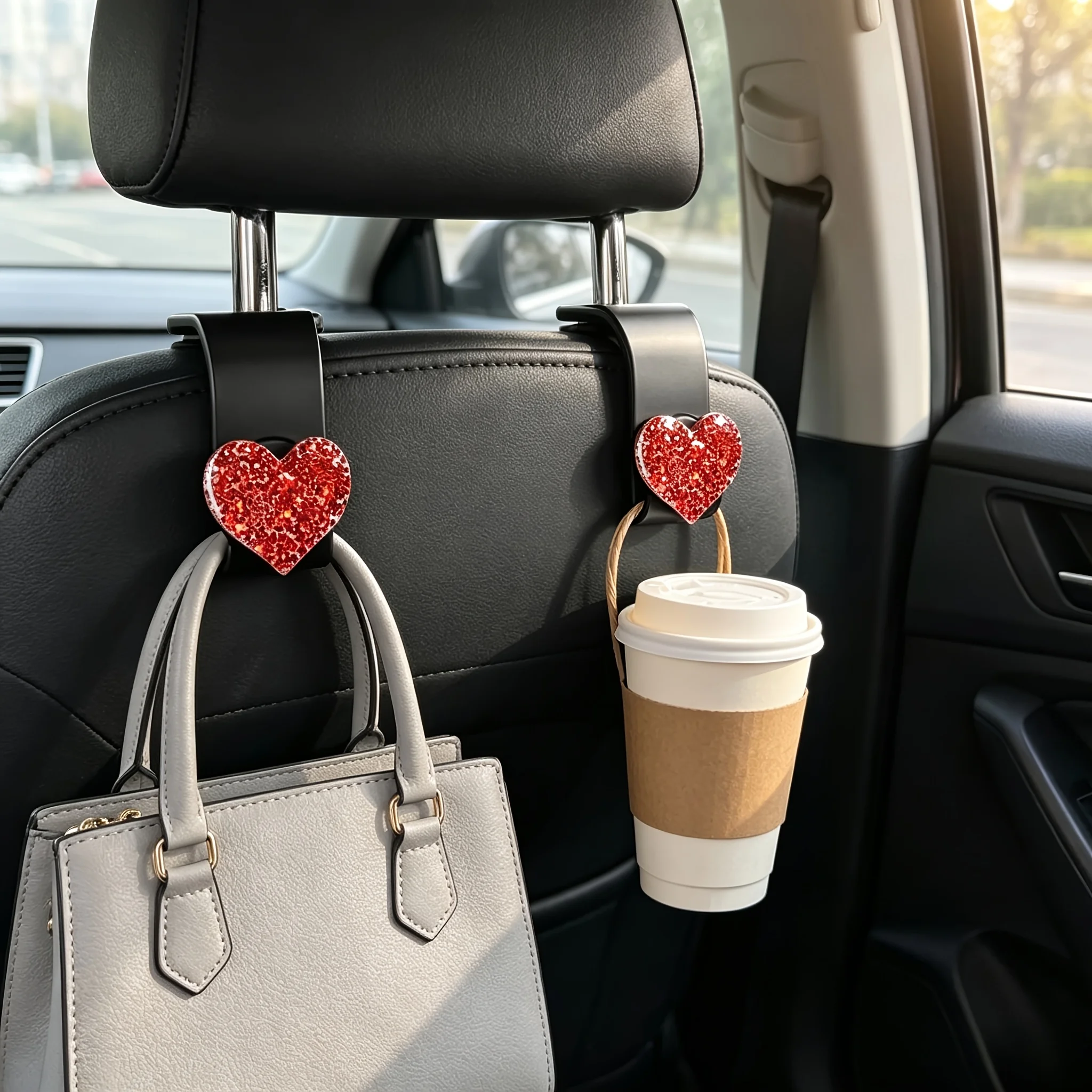 2 Stück Strass-Herzförmige Auto-Kopfstützenhaken, Glitzernder Aufbewahrungshaken für Handtasche, Geldbörse, Hut, Niedliche Auto-Innendekoration für Frauen – Detail 1