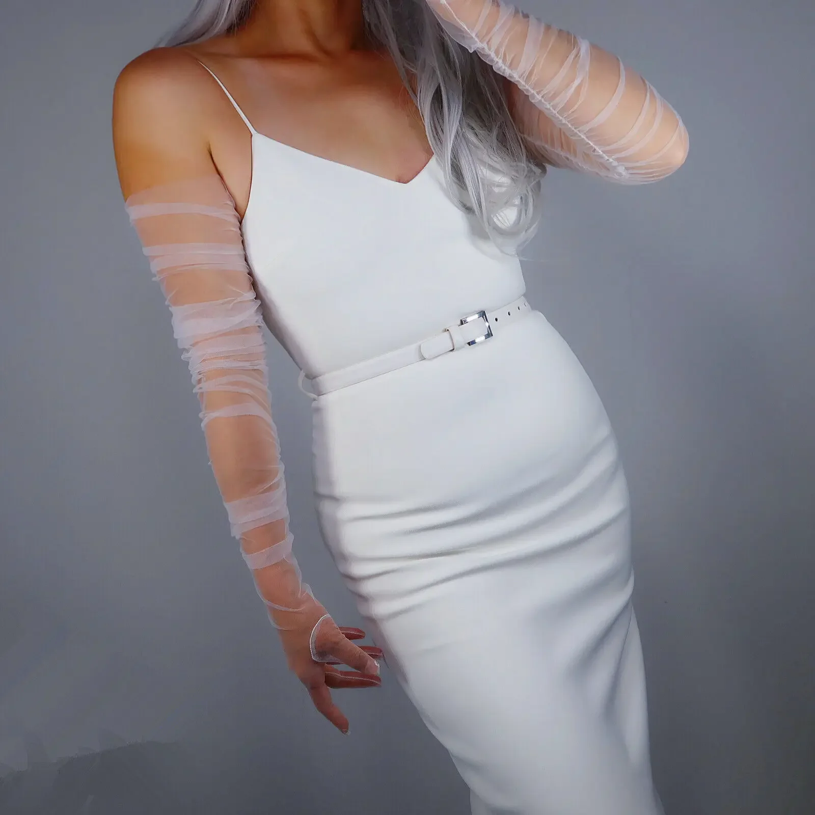 White Lace Tulle Transparent GLOVES SMOKY Ruched Mesh Semi Sheer 35