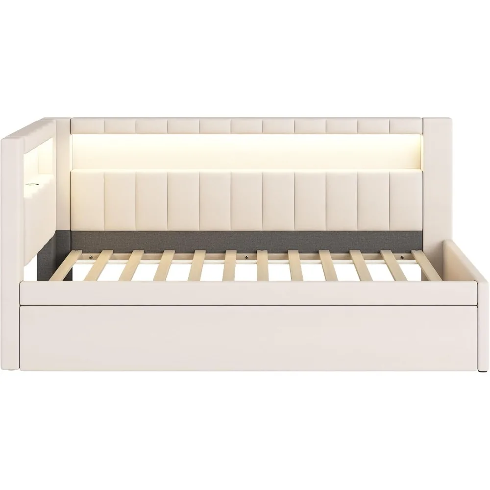 سرير زاوية ناعم منجد من الكتان مع أرفف تخزين وشحن وسرير نهاري مزدوج الحجم مع دولاب ولوح أمامي لرف الكتب على شكل حرف L