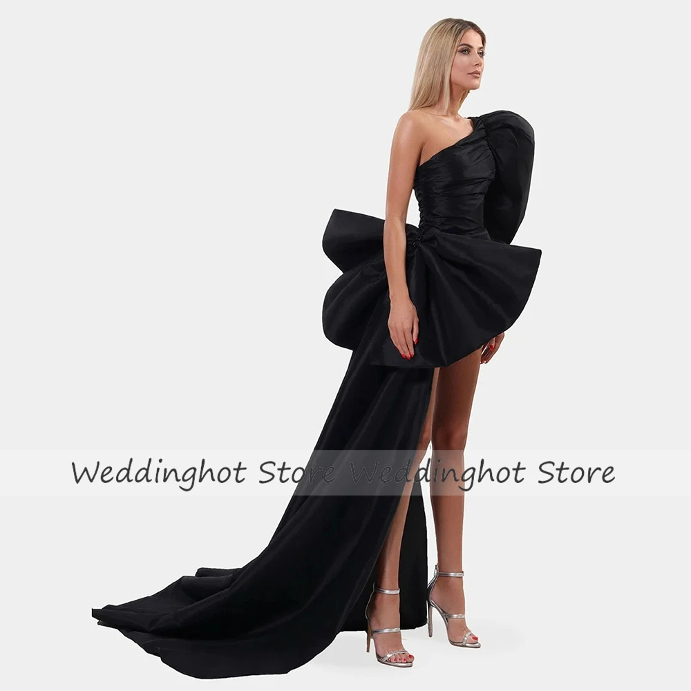 Mini Cocktail Dresses for Women with Train Big Bow Black Satin Evening Dress Puff Sleeve One Shoulder Crystal Sexy Party Gown