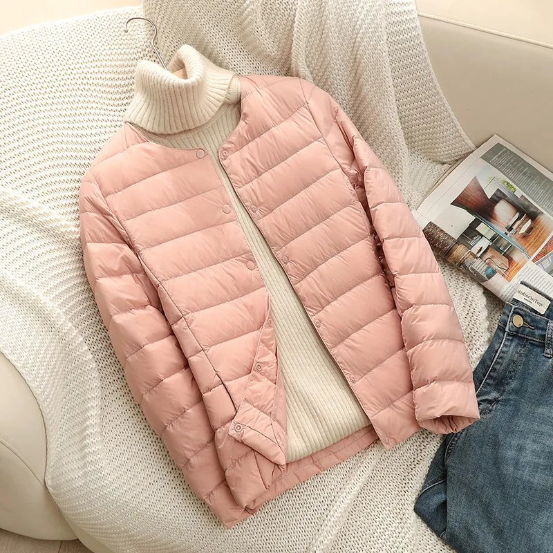 Light Thin Down Jacket for Women Short Style Autumn Winter V-neck Round Neck Long-sleeved White Duck Down Light Large-sized Coat