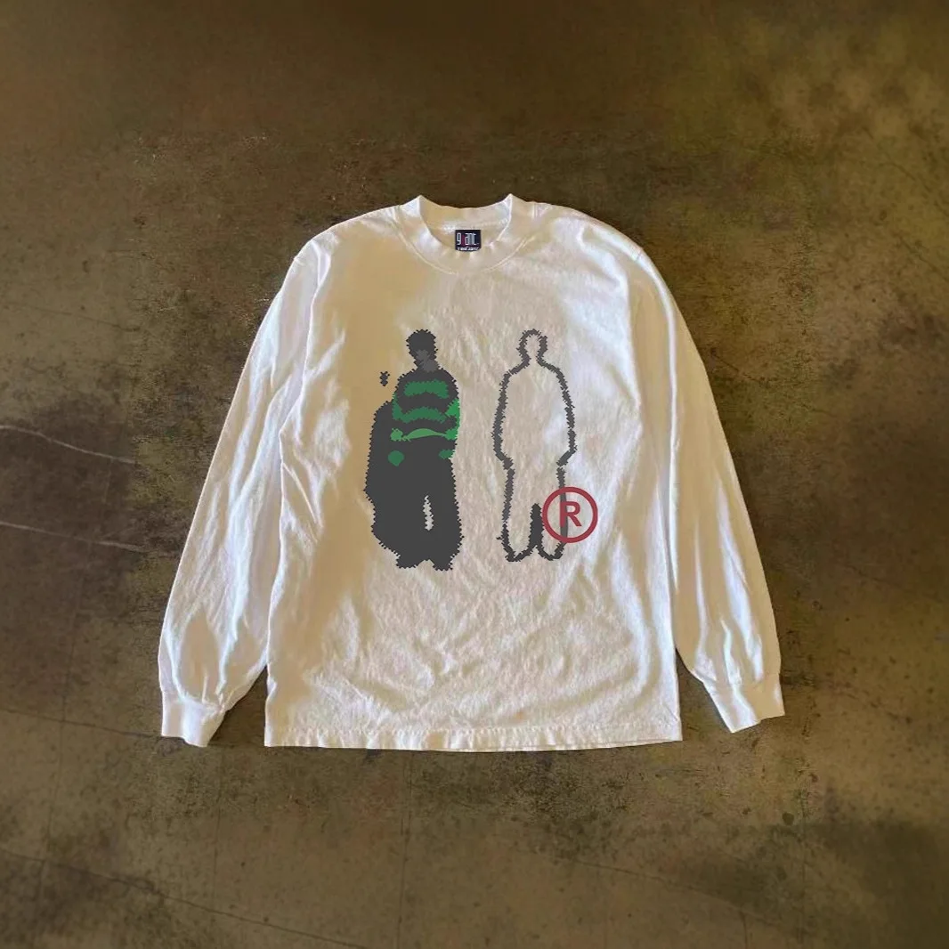 Men's Pixel Character Print Oversized Long Sleeve Cotton T-Shirt